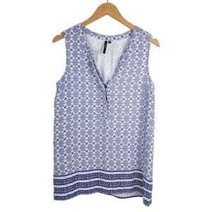 Cathy Sleeveless Top Blouse Neck Floral Blue White 1/4 Button Up Rayon Size M